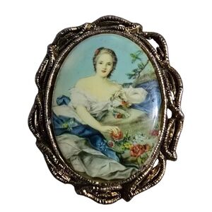 Vintage Victorian Lady Framed Portrait Antiqued Brass Brooche